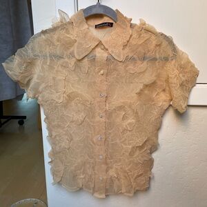 Charming, 3D soft, peach, see-through short sleeve button-down blouse